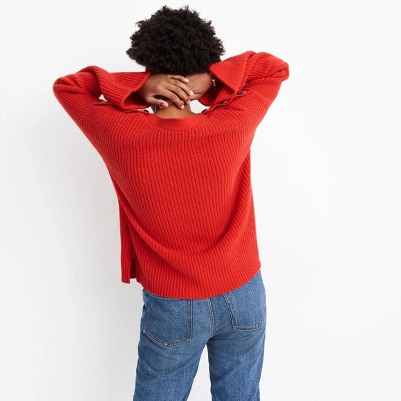 Madewell merino wool blend red ribbed sweater buttons Calloway Boatneck Pullover - Picture 7 of 8